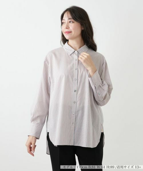 Leilian PLUS HOUSE/レリアンプラスハウス ストライプブラウス【SOMELOS】 グレー 13+ Leilian PLUS HOUSE/レリアンプラスハウス ストライプブラウス【SOMELOS】 グレー 13+