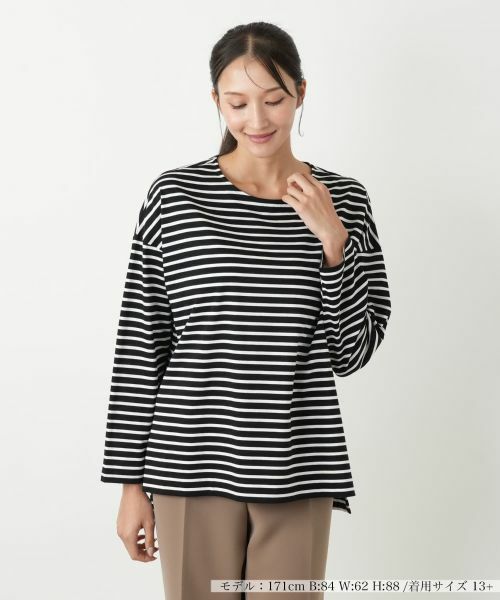 Leilian PLUS HOUSE/レリアンプラスハウス ボーダーカットソー【プラス企画】 ブラック 13+ Leilian PLUS HOUSE/レリアンプラスハウス ボーダーカットソー【プラス企画】 ブラック 13+