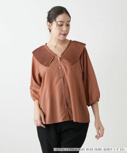 Leilian PLUS HOUSE/レリアンプラスハウス プリーツデザイン半袖ブラウス【BOURGE】 モカ 17+
