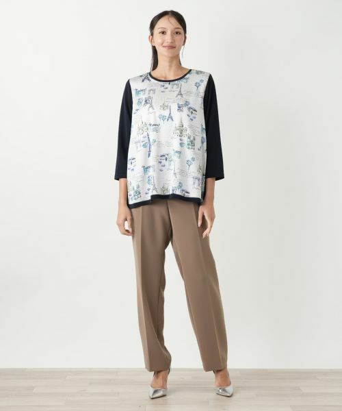 Leilian PLUS HOUSE / レリアンプラスハウス ニット・セーター | プリント切替七分袖ニットプルオーバー【Leilian WHITE LABEL】 | 詳細1