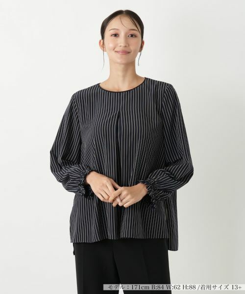 Leilian PLUS HOUSE/レリアンプラスハウス ストライプブラウス【プラス企画】 ネイビー 13+ Leilian PLUS HOUSE/レリアンプラスハウス ストライプブラウス【プラス企画】 ネイビー 13+
