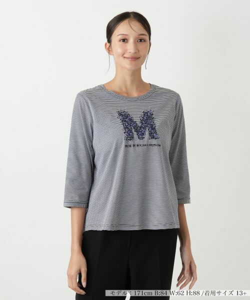 Leilian PLUS HOUSE/レリアンプラスハウス ボーダー七分袖カットソー【MUSE BY ROCHAS Premiere】 ネイビー 17+