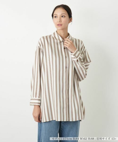 Leilian PLUS HOUSE/レリアンプラスハウス ストライプ柄シャツブラウス【プラス企画】 キャメル 13+ Leilian PLUS HOUSE/レリアンプラスハウス ストライプ柄シャツブラウス【プラス企画】 キャメル 13+