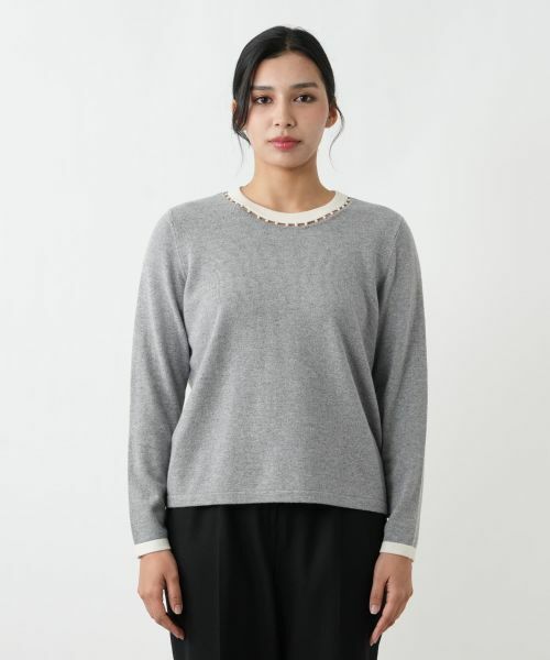 Leilian PLUS HOUSE / レリアンプラスハウス ニット・セーター | ビジューネックバイカラーニット【Leilian WHITE LABEL】 | 詳細4