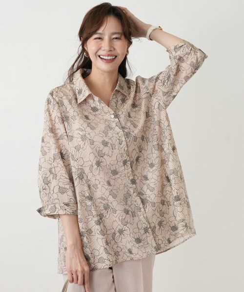Leilian PLUS HOUSE / レリアンプラスハウス シャツ・ブラウス | フラワーストライプシャツ（キャメル系）