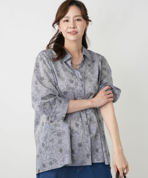 Leilian PLUS HOUSE / レリアンプラスハウス シャツ・ブラウス | フラワーストライプシャツ | 詳細1