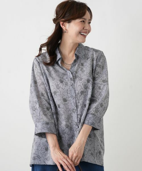 Leilian PLUS HOUSE / レリアンプラスハウス シャツ・ブラウス | フラワーストライプシャツ（ロイヤルブルー）