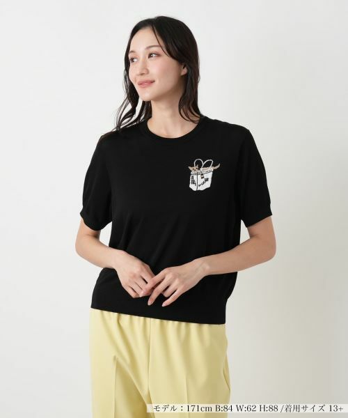 Leilian PLUS HOUSE / レリアンプラスハウス ニット・セーター | 猫モチーフクルーネックニット【NEMIKA】（ブラック）