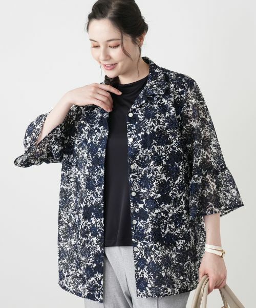 Leilian PLUS HOUSE / レリアンプラスハウス シャツ・ブラウス | シアープリントブラウスLeilian WHITE LABEL】【ライトオケージョン】（ネイビー系）