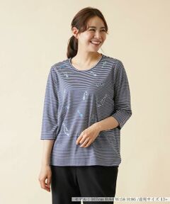 ＊＊Leilian PLUS HOUSE__ / レリアンプラスハウス カットソー | 刺繍七分袖ボーダーカットソー