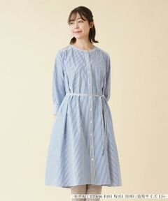 ＊＊Leilian PLUS HOUSE__ / レリアンプラスハウス ミニ丈・ひざ丈ワンピース | ストライプ柄ノーカラーシャツワンピース