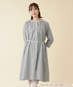 ＊＊Leilian PLUS HOUSE__ / レリアンプラスハウス ミニ丈・ひざ丈ワンピース | ストライプ柄ノーカラーシャツワンピース