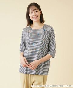 ＊＊Leilian PLUS HOUSE__ / レリアンプラスハウス カットソー | ボーダーフラワー刺繍カットソー