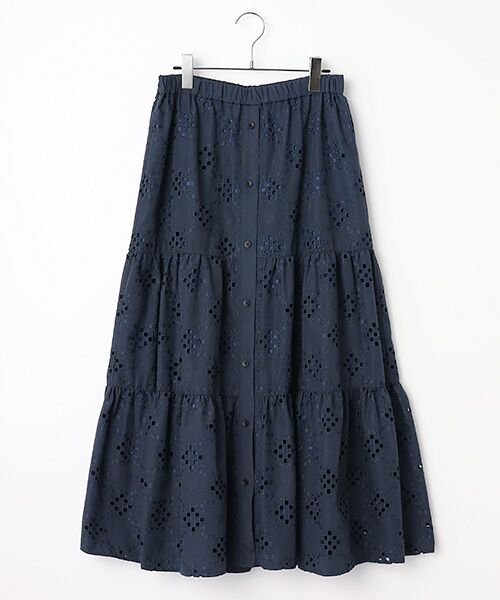 L'EQUIPE / レキップ ロング・マキシ丈スカート | ボーラー刺繍T/Cティアードスカート（ネイビー）