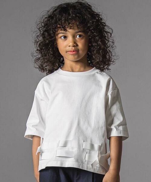 LIBERCORE par BEBE / リベルコア パル ベベ Tシャツ | 裾リボンベルト天竺半袖Tシャツ親子お揃い(110~140cm)（ホワイト）