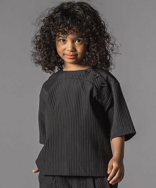 LIBERCORE par BEBE / リベルコア パル ベベ シャツ・ブラウス | ドビーストライプ肩ボタン半袖シャツ親子お揃い(110~140cm)（ブラック）