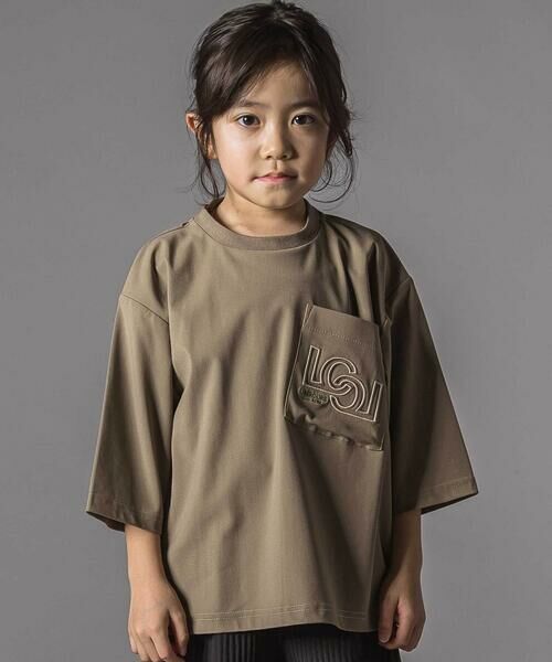 LIBERCORE par BEBE / リベルコア パル ベベ Tシャツ | ナイロンカノコBIGロゴポケット半袖ワイドTシャツ親子お揃い(110~140cm)（グリーン）