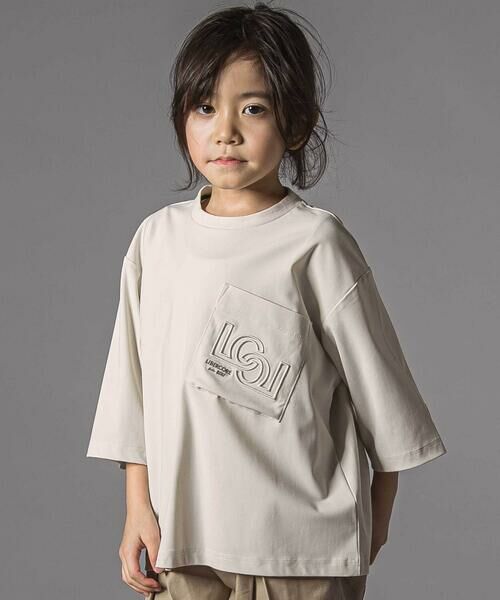 LIBERCORE par BEBE / リベルコア パル ベベ Tシャツ | ナイロンカノコBIGロゴポケット半袖ワイドTシャツ親子お揃い(110~140cm)（グレー）