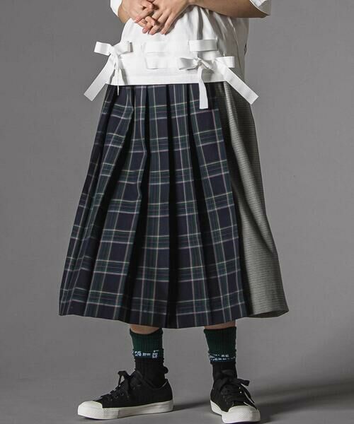 LIBERCORE par BEBE / リベルコア パル ベベ ロング・マキシ丈スカート | 天竺ｘチェックドッキングスカート大人親子お揃い(140~160cm)（ネイビー系）