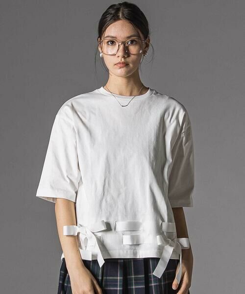 LIBERCORE par BEBE / リベルコア パル ベベ Tシャツ | 裾リボン付き天竺半袖Tシャツ大人親子お揃い(140~160cm)（ホワイト）