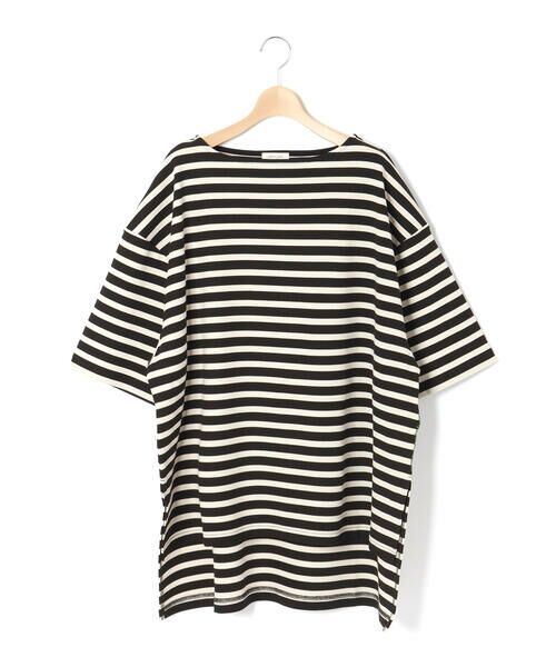 LIBERCORE par BEBE / リベルコア パル ベベ Tシャツ | ミラノリブボーダー半袖ワイドバスクTシャツ大人親子お揃い(140~175cm)（ブラック系）