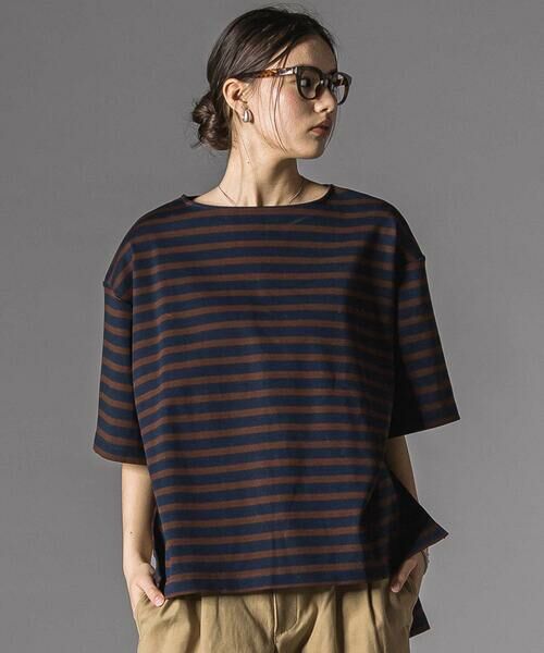 LIBERCORE par BEBE / リベルコア パル ベベ Tシャツ | ミラノリブボーダー半袖ワイドバスクTシャツ大人親子お揃い(140~175cm)（ネイビー系）