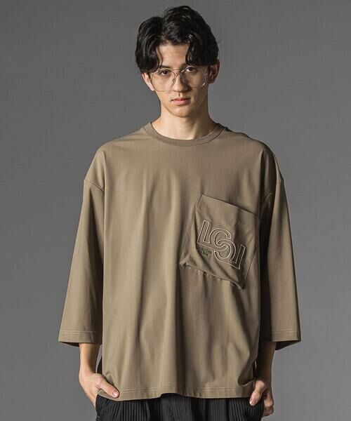 LIBERCORE par BEBE / リベルコア パル ベベ Tシャツ | ナイロンカノコBIGロゴポケット半袖ワイドTシャツ大人親子お揃い(140~175cm)（グリーン）