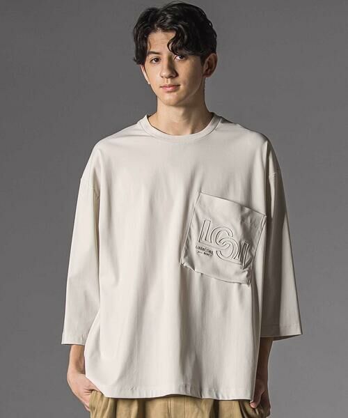 LIBERCORE par BEBE / リベルコア パル ベベ Tシャツ | ナイロンカノコBIGロゴポケット半袖ワイドTシャツ大人親子お揃い(140~175cm)（グレー）