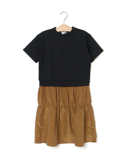 LIBERCORE par BEBE / リベルコア パル ベベ ミニ丈・ひざ丈ワンピース | ポンチ+メタリックボイルスカートドッキング半袖ワンピース親子お揃い(110~140cm)（ブラック）