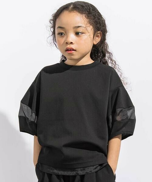 LIBERCORE par BEBE / リベルコア パル ベベ Tシャツ | ポンチシアー切り替えポワン袖Tシャツ親子お揃い(110~140cm)（ブラック）