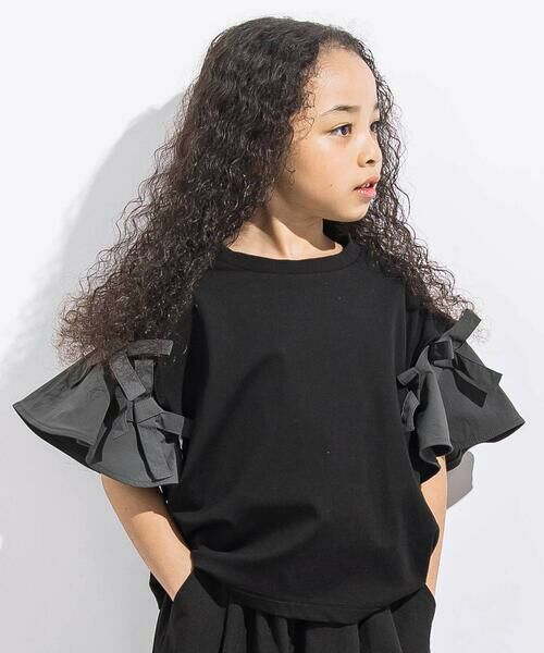 LIBERCORE par BEBE / リベルコア パル ベベ Tシャツ | リムーバブルリボンフレア袖スムースプルオーバー親子お揃い(110~140cm)（ブラック）