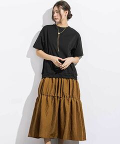 LIBERCORE par BEBE / リベルコア パル ベベ ミニ丈・ひざ丈ワンピース | (ペチコート付)ポンチ+メタリックボイルスカートドッキング半袖ワンピース親子お揃い大人(140~160cm)