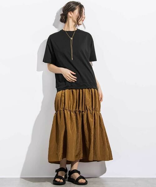 LIBERCORE par BEBE / リベルコア パル ベベ ミニ丈・ひざ丈ワンピース | (ペチコート付)ポンチ+メタリックボイルスカートドッキング半袖ワンピース親子お揃い大人(140~160cm) | 詳細1