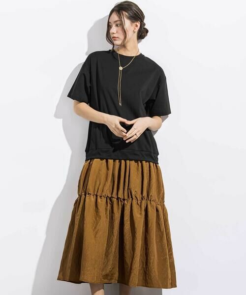 LIBERCORE par BEBE / リベルコア パル ベベ ミニ丈・ひざ丈ワンピース | (ペチコート付)ポンチ+メタリックボイルスカートドッキング半袖ワンピース親子お揃い大人(140~160cm)（ブラック）