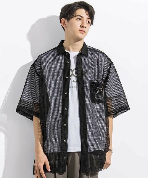 LIBERCORE par BEBE / リベルコア パル ベベ シャツ・ブラウス | ラッセルメッシュ半袖オーバーシャツ親子お揃い大人(140~175cm)（ブラック）