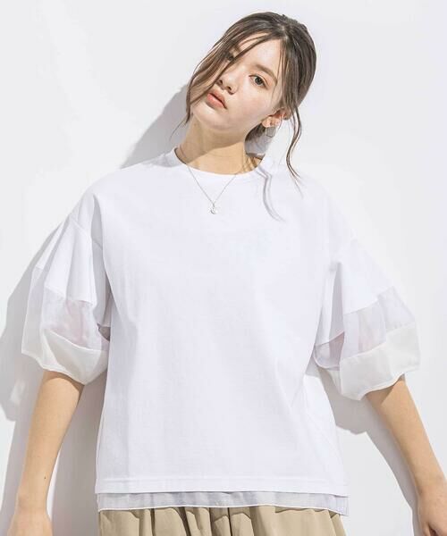 LIBERCORE par BEBE / リベルコア パル ベベ Tシャツ | ポンチシアー切り替えポワン袖Tシャツ親子お揃い大人(140~160cm)（ホワイト）