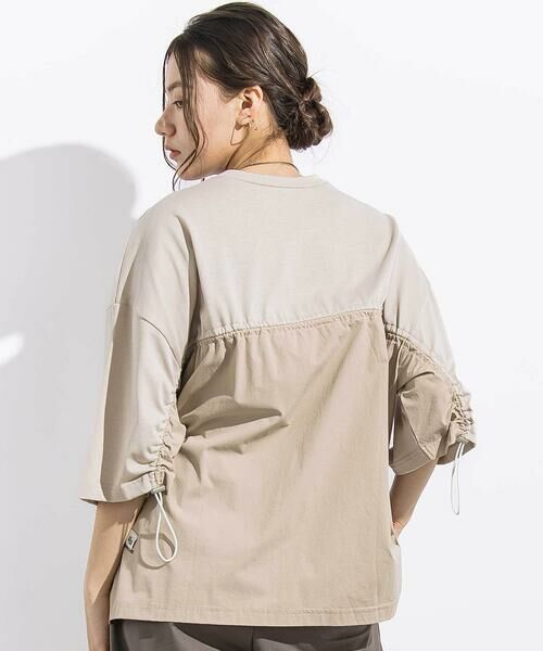 LIBERCORE par BEBE / リベルコア パル ベベ Tシャツ | 天竺リップストップ切り替えドロスト半袖Tシャツ親子お揃い大人(140~175cm)（ベージュ）