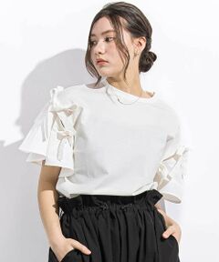 LIBERCORE par BEBE / リベルコア パル ベベ Tシャツ | リムーバブルリボンフレア袖スムース半袖Tシャツ親子お揃い大人(140~160cm)