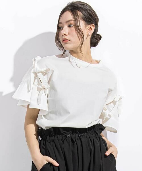 LIBERCORE par BEBE / リベルコア パル ベベ Tシャツ | リムーバブルリボンフレア袖スムース半袖Tシャツ親子お揃い大人(140~160cm)（オフホワイト）