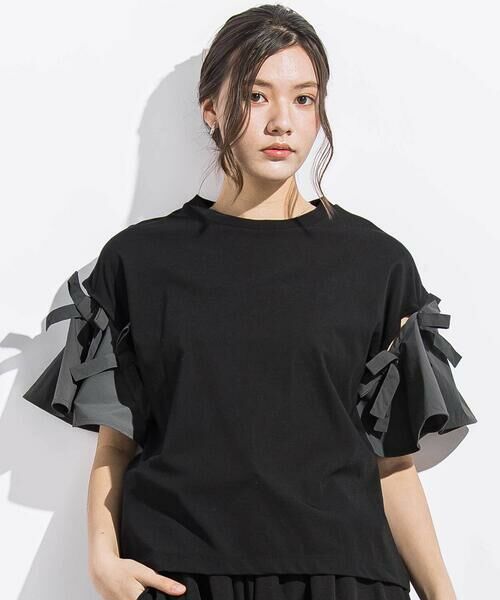 LIBERCORE par BEBE / リベルコア パル ベベ Tシャツ | リムーバブルリボンフレア袖スムース半袖Tシャツ親子お揃い大人(140~160cm)（ブラック）