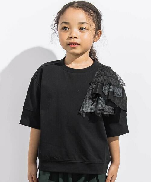 LIBERCORE par BEBE / リベルコア パル ベベ Tシャツ | 異素材MIXショルダーフリル天竺半袖Tシャツ親子お揃い(110~140cm)（ブラック）