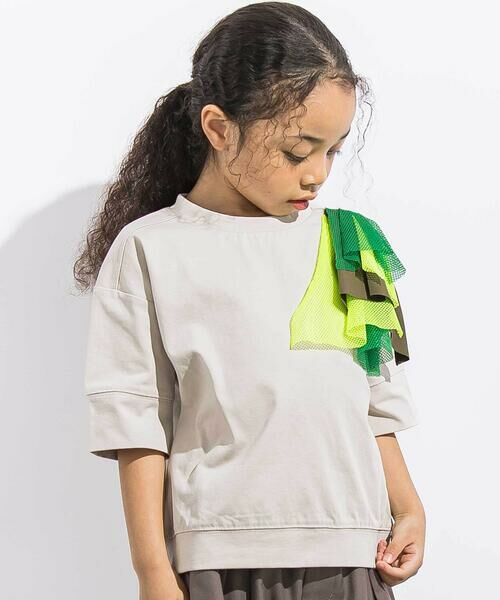 LIBERCORE par BEBE / リベルコア パル ベベ Tシャツ | 異素材MIXショルダーフリル天竺半袖Tシャツ親子お揃い(110~140cm)（ベージュ）
