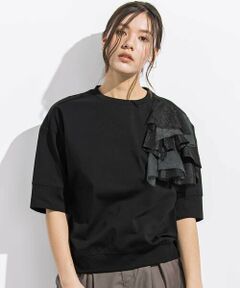 LIBERCORE par BEBE / リベルコア パル ベベ Tシャツ | 異素材MIXショルダーフリル天竺半袖Tシャツ親子お揃い大人(140~160cm)