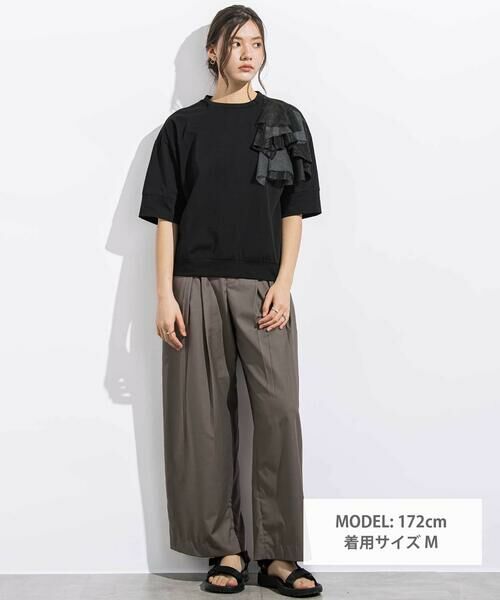 LIBERCORE par BEBE / リベルコア パル ベベ Tシャツ | 異素材MIXショルダーフリル天竺半袖Tシャツ親子お揃い大人(140~160cm) | 詳細1