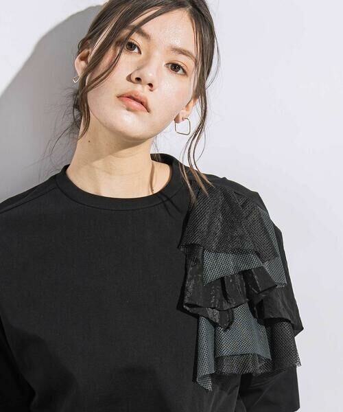 LIBERCORE par BEBE / リベルコア パル ベベ Tシャツ | 異素材MIXショルダーフリル天竺半袖Tシャツ親子お揃い大人(140~160cm) | 詳細4
