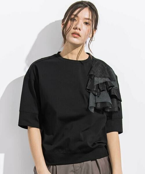 LIBERCORE par BEBE / リベルコア パル ベベ Tシャツ | 異素材MIXショルダーフリル天竺半袖Tシャツ親子お揃い大人(140~160cm)（ブラック）