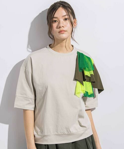 LIBERCORE par BEBE / リベルコア パル ベベ Tシャツ | 異素材MIXショルダーフリル天竺半袖Tシャツ親子お揃い大人(140~160cm)（ベージュ）