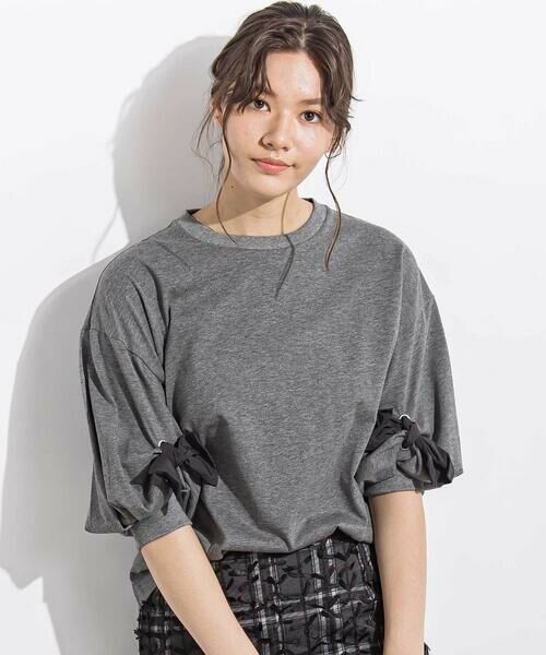 LIBERCORE par BEBE / リベルコア パル ベベ Tシャツ | BIGリボンモチーフバルーンスリーブ天竺6分袖Tシャツ 親子お揃い 大人(140~160cm)（グレー）