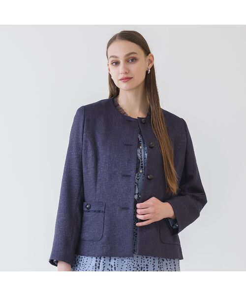Liliane Burty（Lサイズ）/リリアンビューティ ブライトラメツイード ノーカラージャケット［セットアップ可］ ダークブルー LL