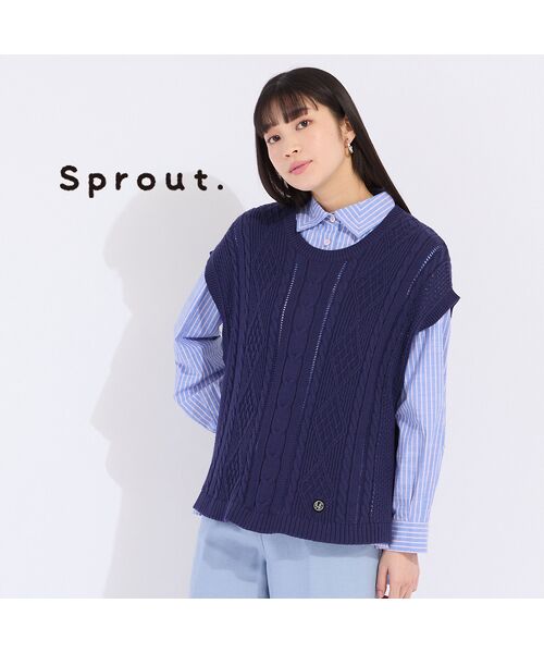 Liliane Burty(Lサイズ)/リリアンビューティ 【Sprout.】ローゲージ 綿ニットベスト ダークブルー 3L Liliane Burty(Lサイズ)/リリアンビューティ 【Sprout.】ローゲージ 綿ニットベスト ダークブルー 3L